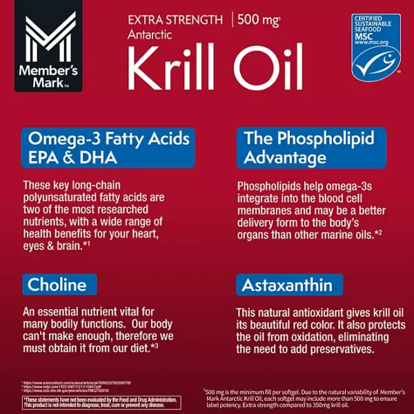 Member's Mark Extra Strength Antarctic Pure Omega-3 Krill Oil, 500 mg, 160 ct. - Image 3