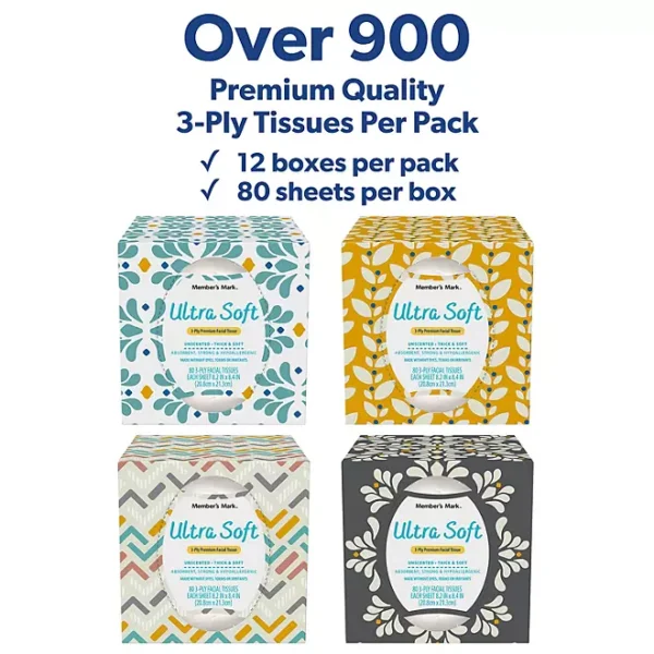 Member's Mark Ultra Soft 3-Ply Facial Tissues, 12 Cube Boxes, 80 tissues/box - Imagen 2