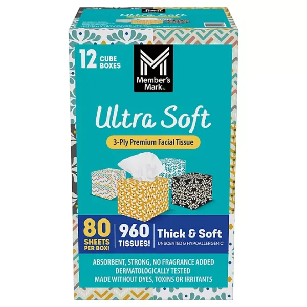 Member's Mark Ultra Soft 3-Ply Facial Tissues, 12 Cube Boxes, 80 tissues/box